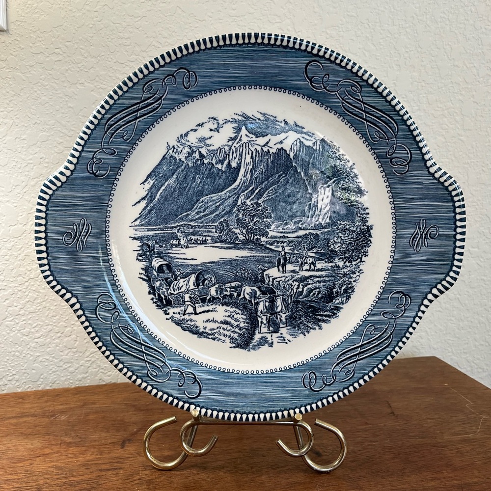 Vintage Currier & Ives ironstone delft blue plate with handles